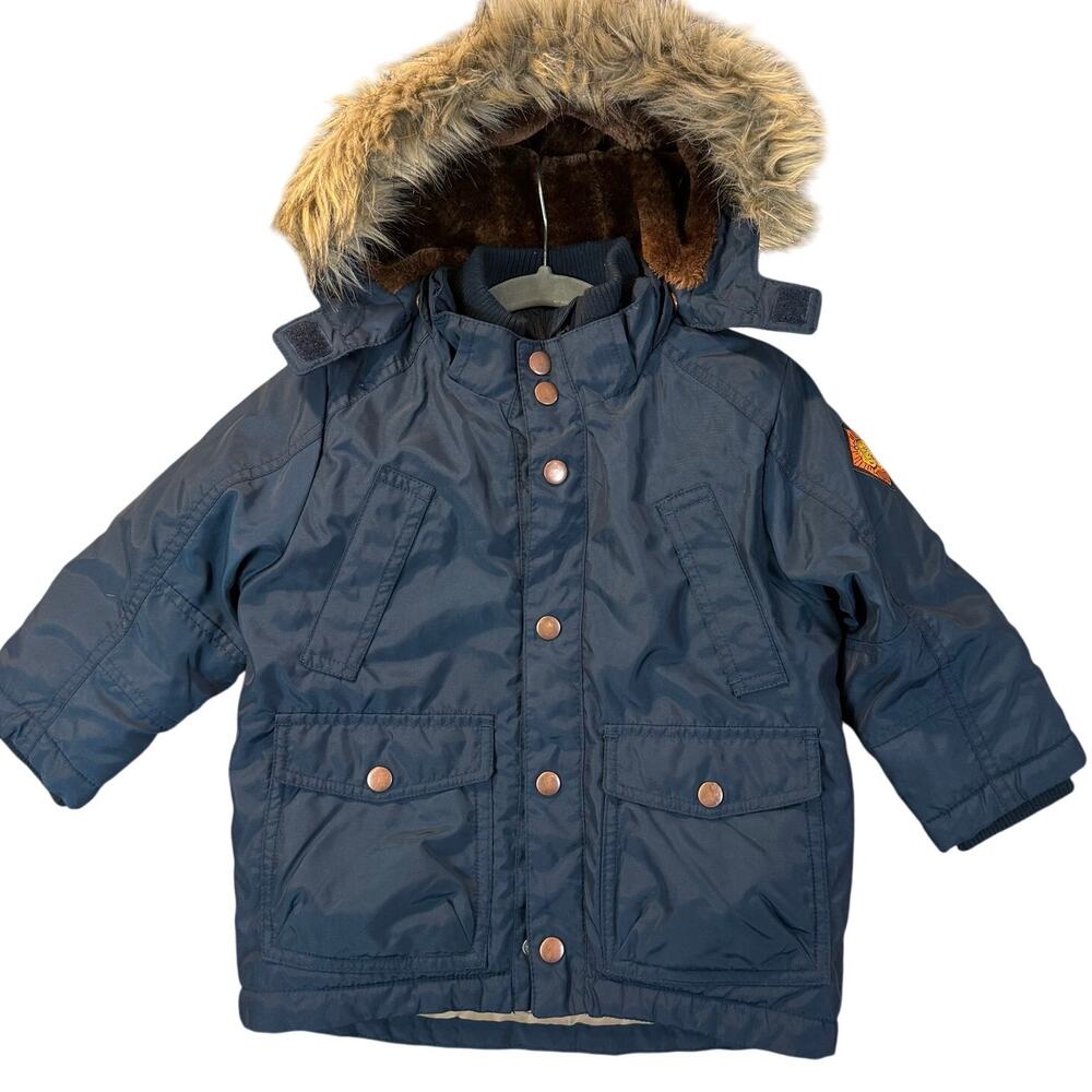 H&M Navy Blue Parka Faux Fur Removable Hood Winter Coat 1.5-2 yr 18-24 months 2T